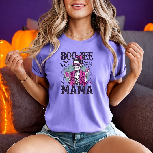 Boo-Jee Mama Skelet in Pink Fur Halloween Design T-shirt