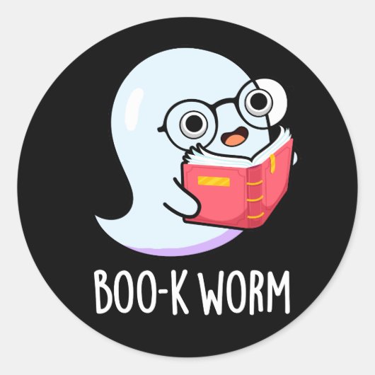 Boo-k Worm Funny Bookworm Ghost Pun Dark BG Ronde Sticker (Voorkant)