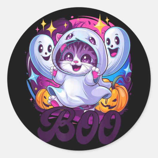 Boo kat geest  ronde sticker (Voorkant)