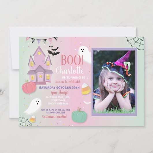Boo Kids Birthday Halloween Pink Mint Fun Party Kaart (Voorkant)
