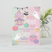 Boo Kinder Halloween Pink Mint Fun Party Ghosts Kaart (Staand voorkant)