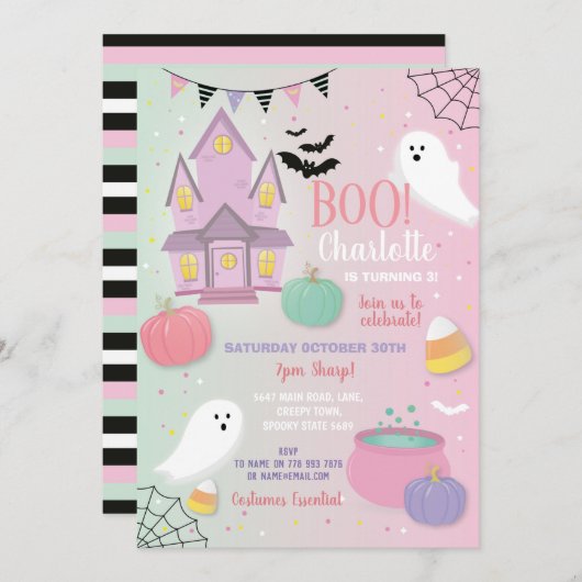 Boo Kinder Halloween Pink Mint Fun Party Ghosts Kaart (Voorkant / Achterkant)