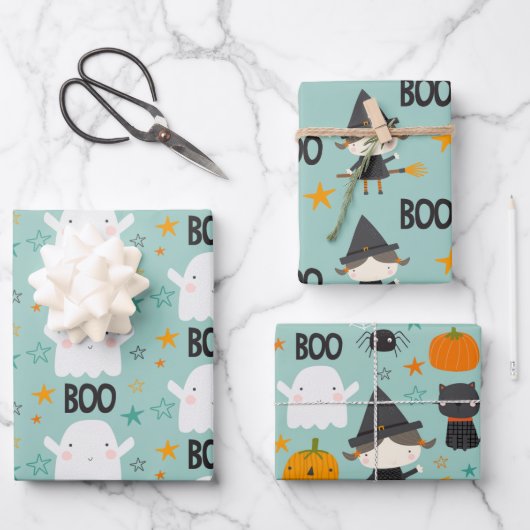 Boo. Kute witch-spookkat en sterren Inpakpapier Vel (Voorkant)