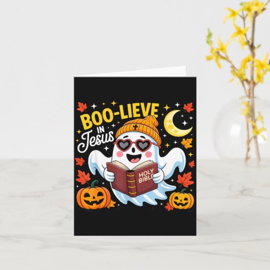 Boo-lieve In Jesus Ghost Christian Halloween Funny Kaart (Gele Bloem)