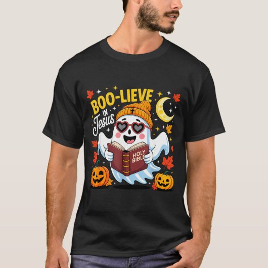 Boo-lieve In Jesus Ghost Christian Halloween Funny T-shirt (Voorkant)