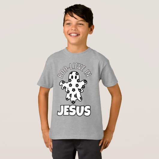 Boo-lieve in Jesus Kinder Fijne Jersey T-shirt (Voorkant volledig)