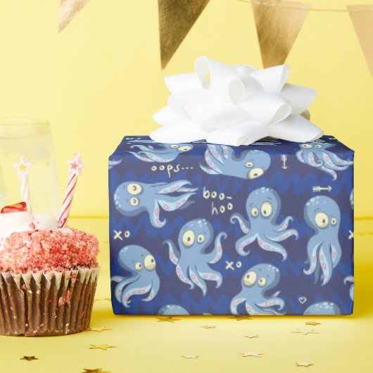 Boo Octopus Blue Cute Kids Birthday Cadeaupapier (Verjaardagsfeest)