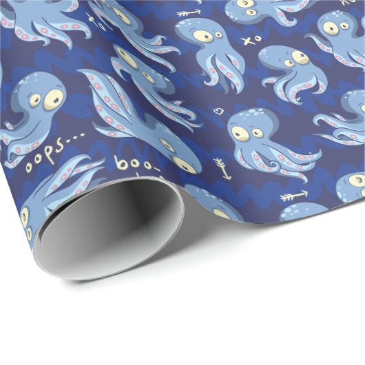 Boo Octopus Blue Cute Kids Birthday Cadeaupapier (Rol Hoek)