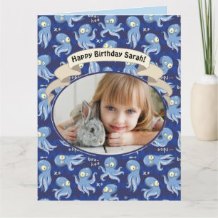 Boo Octopus Blue Cute Kids Birthday Kaart