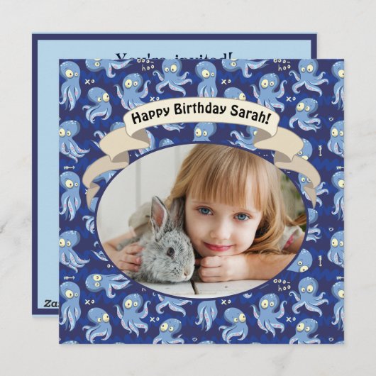 Boo Octopus Blue Cute Kids Birthday Party Invite Feestdagenkaart (Voorkant / Achterkant)