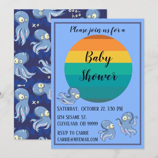Boo Octopus Blue Retro Baby shower Uitnodiging (Voorkant / Achterkant)