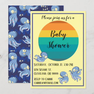 Boo Octopus Blue Retro Baby shower Uitnodiging
