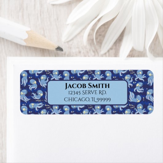 Boo Octopus Cute Blue Kinder Return Address Etiket (Insitu)