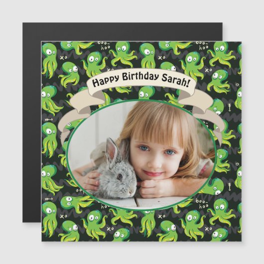 Boo Octopus Green Cute Kids Birthday Magnet (Voorkant / Achterkant)