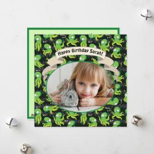 Boo Octopus Green Cute Kids Birthday Party Invite Feestdagenkaart
