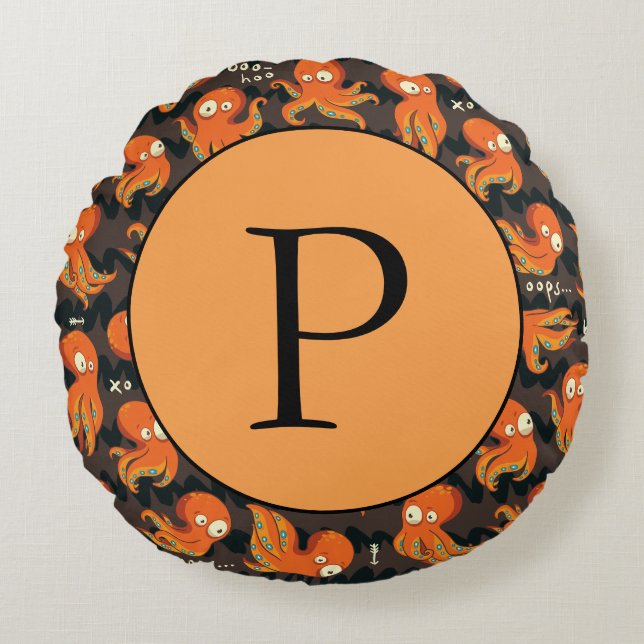 Boo Octopus Oranje en zwart Kinder Kleding en kled Rond Kussen (Voorkant)