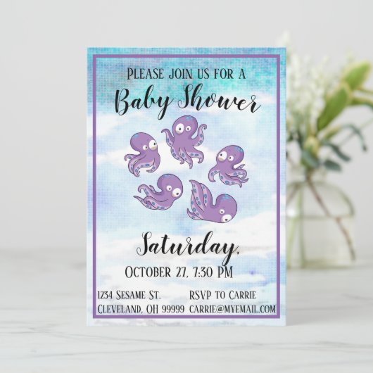 Boo Octopus Paarse Baby shower Uitnodiging (Staand voorkant)