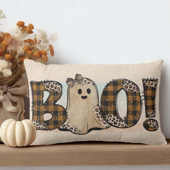 Boo Oranje Zwart Geruit Halloween Kussen (Cute but Spooky Ghost Halloween Pillow)
