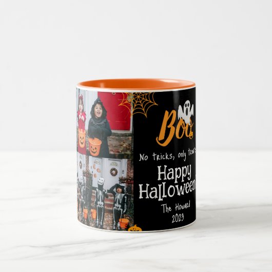 Boo pompoen jack-o-lantaarn Halloween Fotocollage Tweekleurige Koffiemok (Center)