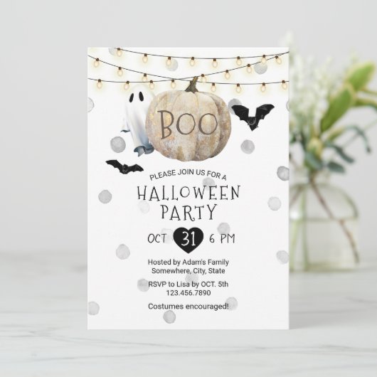Boo Pumpkin String Lights Halloween Party Kaart (Staand voorkant)