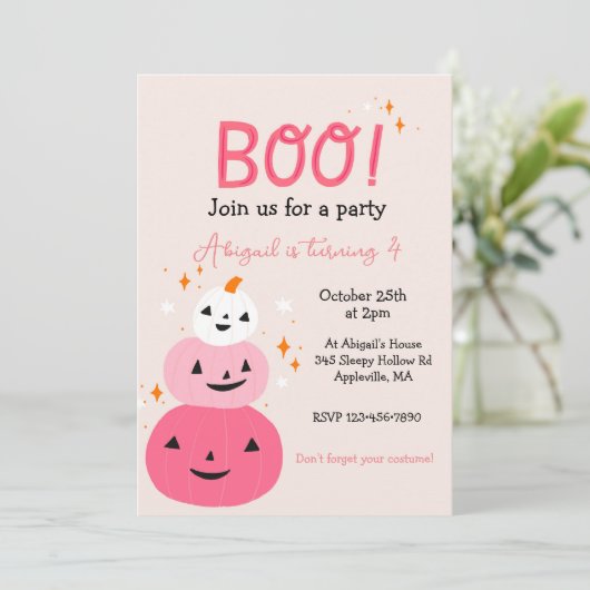Boo Roze Halloween Uitnodiging voor verjaardagsfee (Staand voorkant)