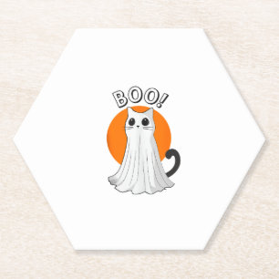 Boo Schattige Ghost Cat Halloween Moon Spooky Kat Kartonnen Onderzetters