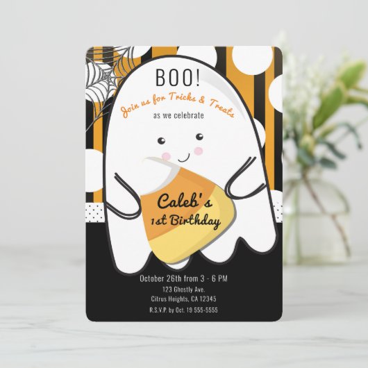 Boo Schattige Ghost Halloween ONE 1st Birthday Par Kaart (Staand voorkant)