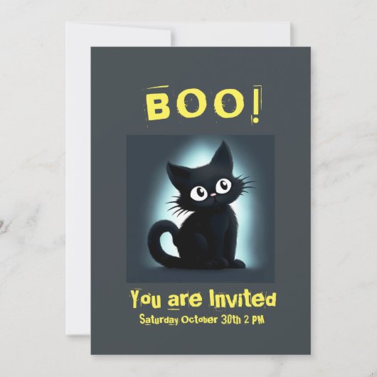 Boo Schattigee Black Cat Halloween-feestuitnodigin Kaart (Voorkant)