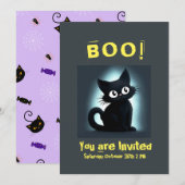 Boo Schattigee Black Cat Halloween-feestuitnodigin Kaart (Voorkant / Achterkant)