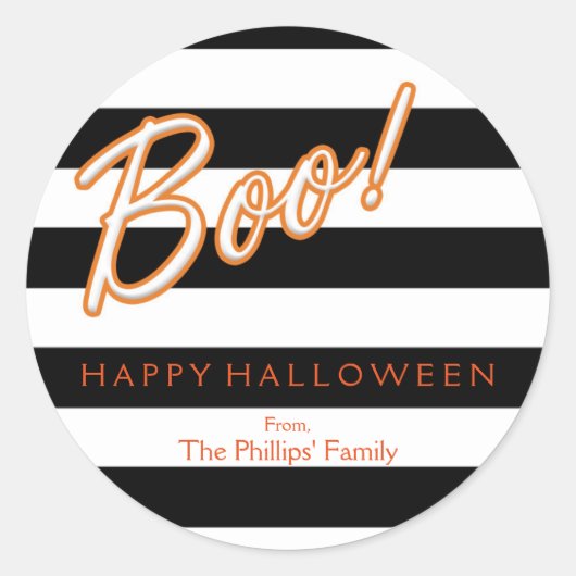 BOO Sinaasappel Halloween Zwart Wit Gestreept Fees Ronde Sticker (Voorkant)