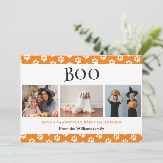 Boo Sinaasappel Pet Paws 3 foto Happy Halloween Feestdagenkaart (Staand voorkant)