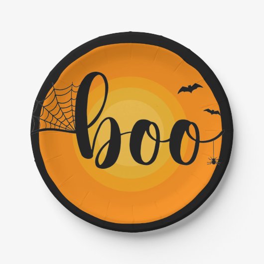 Boo slaat spin webtypografie halloween papieren bordje (Voorkant)