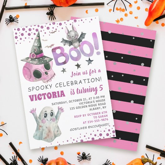Boo Spooky Pink Skull Girl Halloween Birthday Kaart