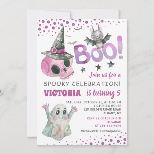 Boo Spooky Pink Skull Girl Halloween Birthday Kaart (Voorkant)