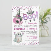 Boo Spooky Pink Skull Girl Halloween Birthday Kaart (Staand voorkant)