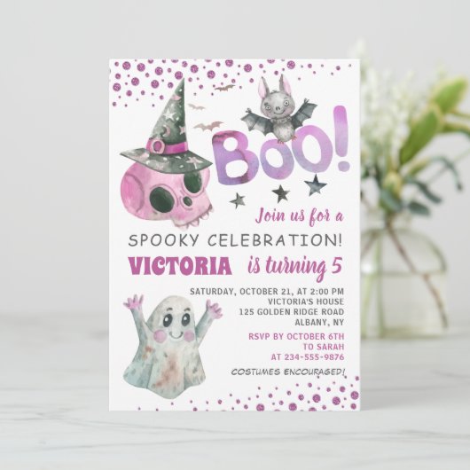 Boo Spooky Pink Skull Girl Halloween Birthday Kaart (Staand voorkant)