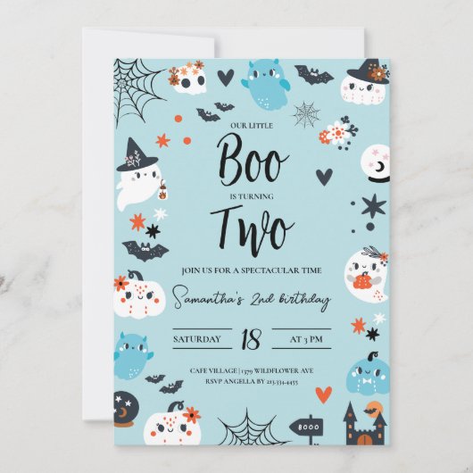 BOO staat voor Two Blue Halloween Birthday Invitat Kaart (Voorkant)