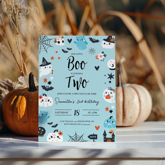BOO staat voor Two Blue Halloween Birthday Invitat Kaart