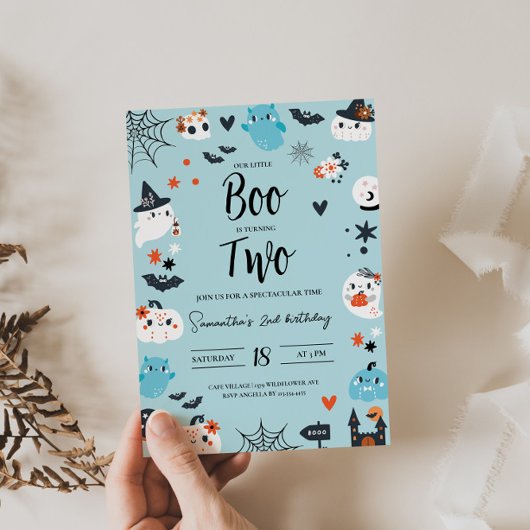 BOO staat voor Two Blue Halloween Birthday Invitat Kaart