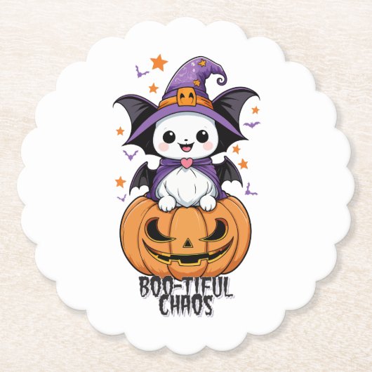 Boo-tiful Chaos | Vleermuizen, Petten en pompoenen Kartonnen Onderzetters (Voorkant)