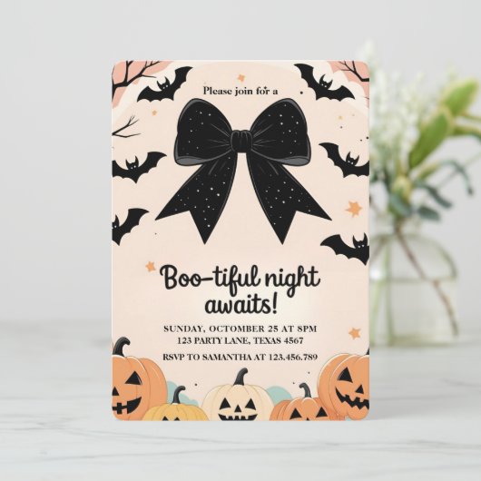 Boo-tiful Roze Halloween Uitnodiging voor Meisjes (Staand voorkant)