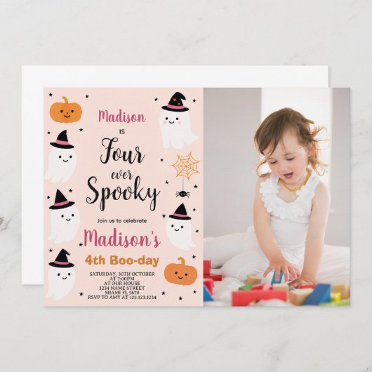 Boo-tiful Vier Kinder Halloween Verjaardag Uitnodi Kaart (Voorkant / Achterkant)