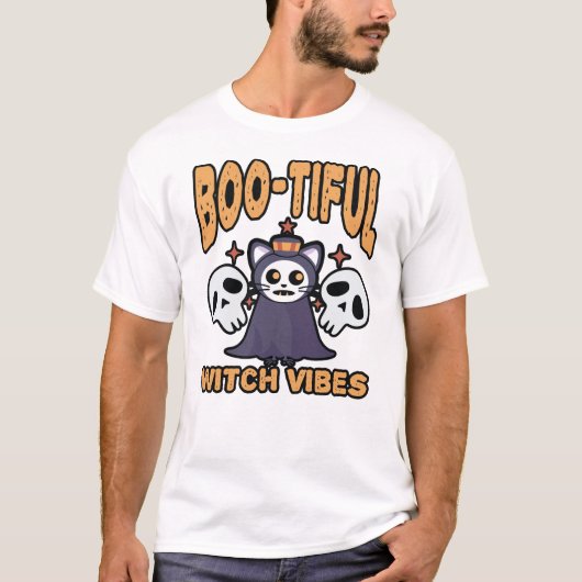 Boo-tiful Witch Vibes – Cute Spooky Cat Halloween T-shirt (Voorkant)