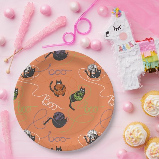 Boo-tifully Tangled Black Cats and Yarn Halloween Papieren Bordje (Feest)