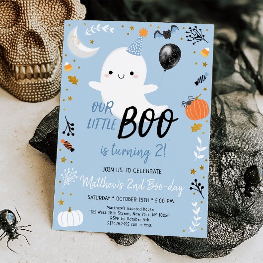 Boo Turning Two Blue Ghost Halloween Birthday Kaart