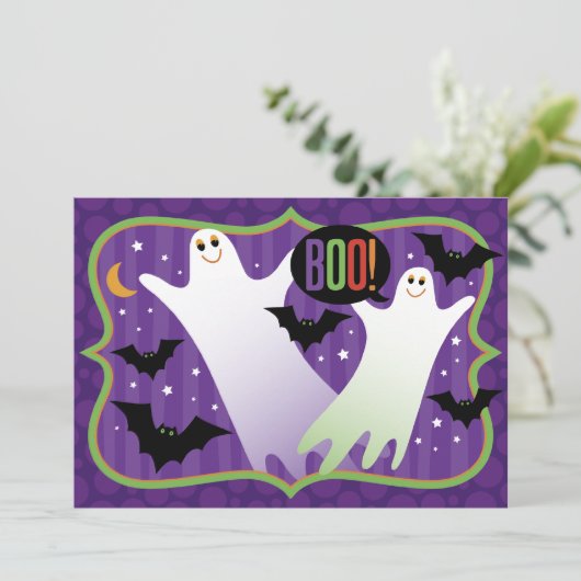 Boo. Uitnodiging van Cute Ghosts Halloween Party (Staand voorkant)