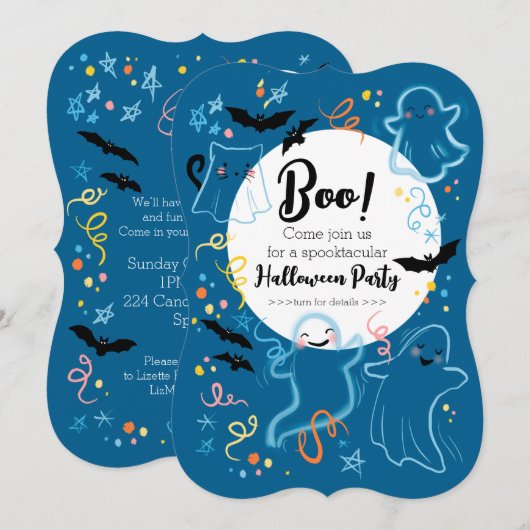 Boo. Uitnodiging van de Halloween-partij van het k (Voorkant / Achterkant)