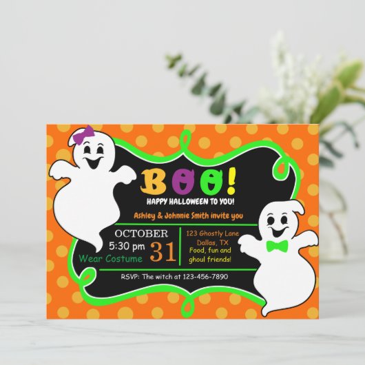 Boo. Uitnodiging voor Halloween Party (Staand voorkant)