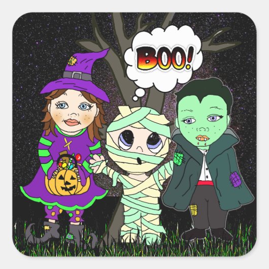 Boo. Vampire, heks en Mummy Halloween Vierkante Sticker (Voorkant)
