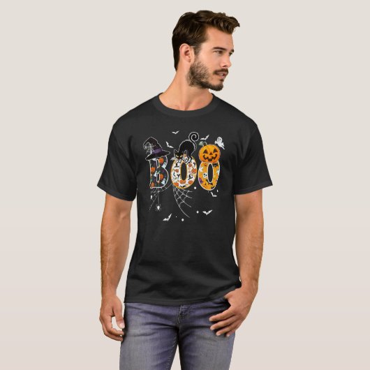 Boo With Spiders And Witch Hat Black Cat Pumpkin H T-shirt (Voorkant volledig)